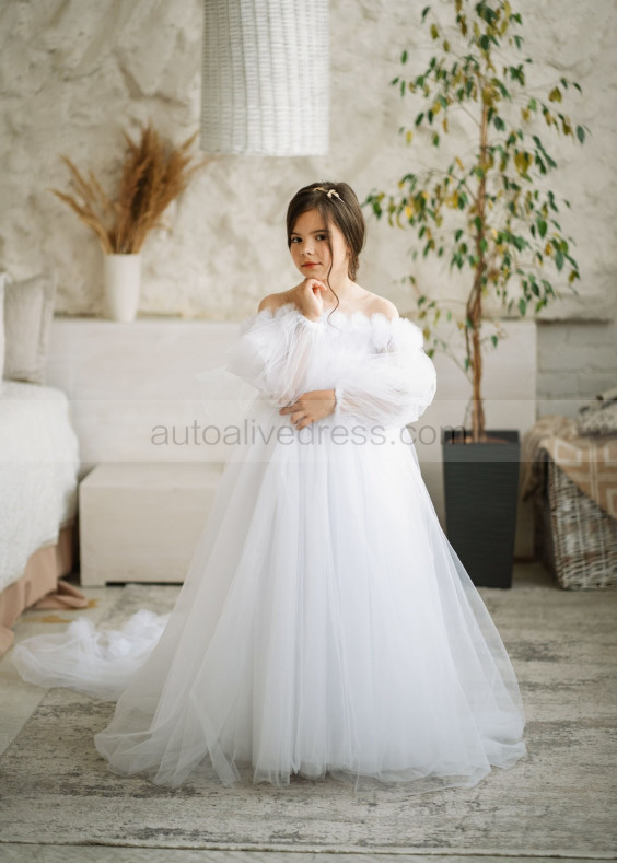 Cold Shoulder White Tulle Long Flower Girl Dress Cold Shoulder White Tulle Long Flower Girl Dress